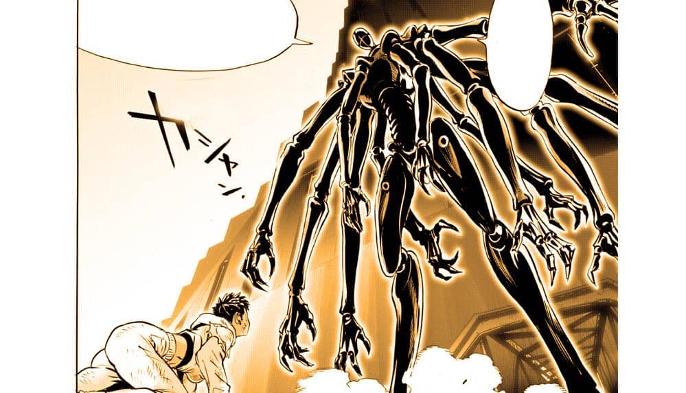 Karakter humanoid berwarna hitam dengan banyak lengan berdiri menjulang di depan seseorang yang terjatuh di tanah dalam adegan manga One Punch Man.