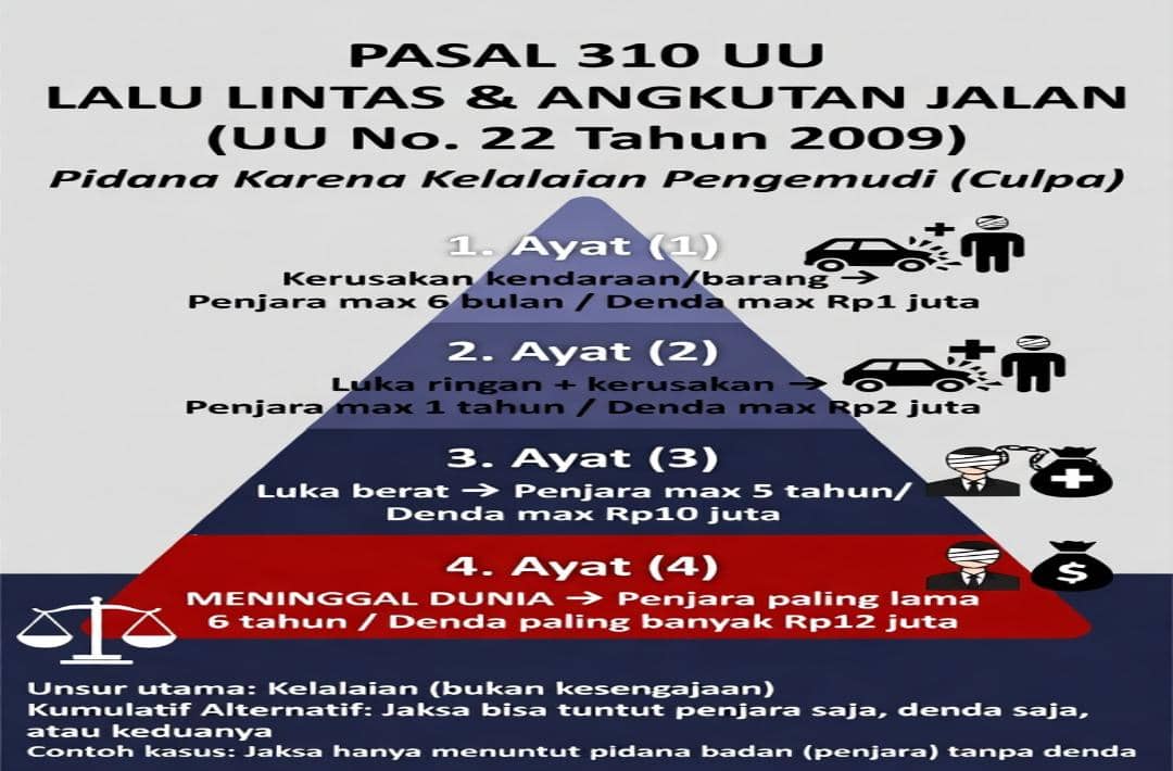 Infografis Pasal 310 UU Lalu Lintas dan Angkutan Jalan yang menjelaskan sanksi pidana akibat kelalaian pengemudi dari kerusakan hingga meninggal dunia.
