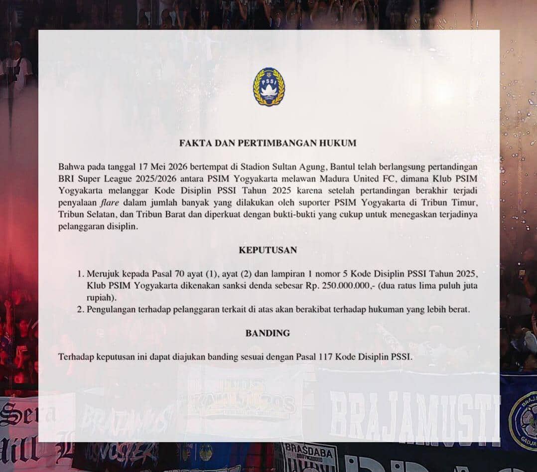 PSSI menjatuhkan dua sanksi kepada PSIM terkait terkait pelanggaran regulasi pada pertandingan kandang melawan Madura United FC, Minggu (17