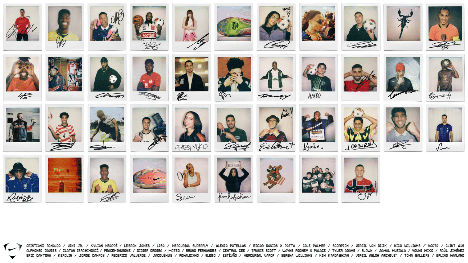 Kolase foto polaroid berisi puluhan atlet dan artis yang berpose mengenakan pakaian olahraga dalam kampanye Nike untuk Piala Dunia.