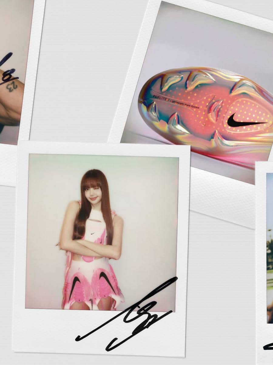 Seorang perempuan berpose mengenakan busana berwarna merah muda dengan logo Nike, di antara beberapa foto polaroid bertema olahraga.