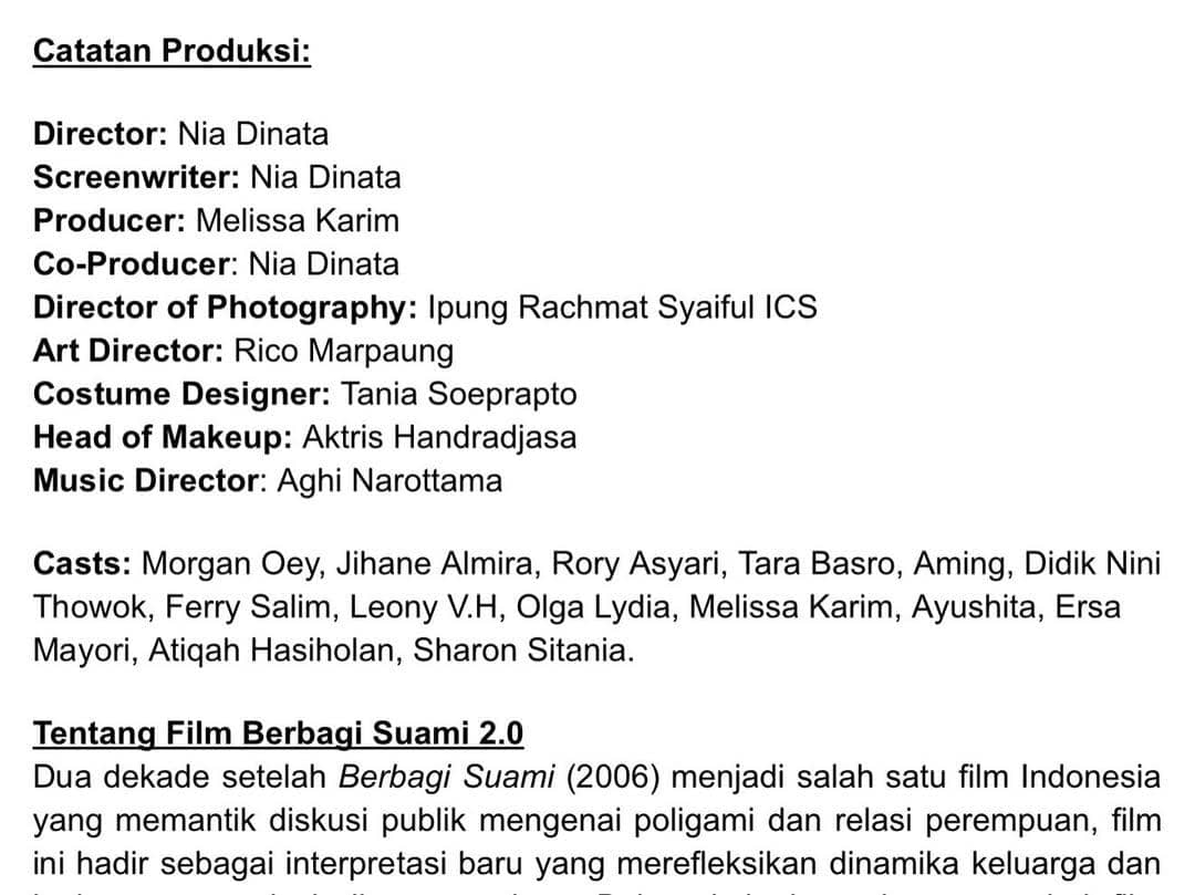Daftar kru dan pemain film Berbagi Suami 2 yang mencantumkan nama sutradara, produser, sinematografer, serta para pemeran utama.
