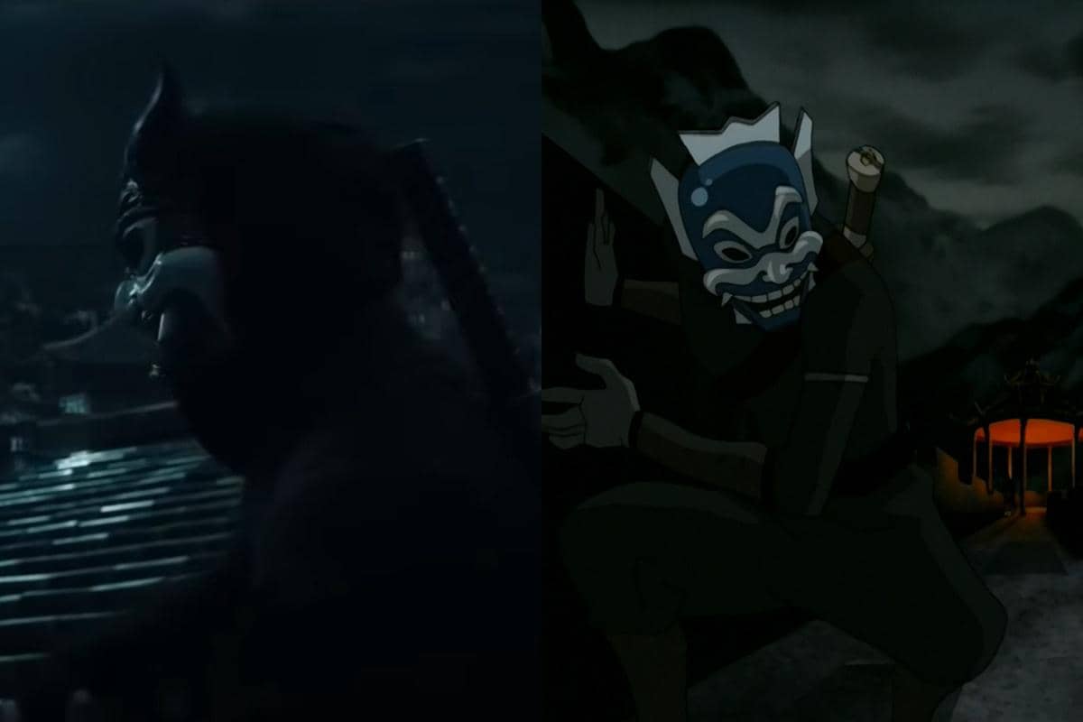 Perbandingan karakter The Blue Spirit dari serial live-action Netflix dan versi animasi Avatar: The Last Airbender dalam suasana malam.
