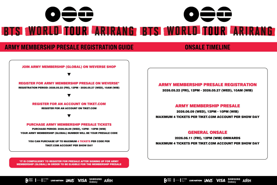 Poster jadwal dan panduan pembelian tiket presale konser BTS World Tour Arirang di Jakarta dengan informasi tanggal dan ketentuan pembelian.