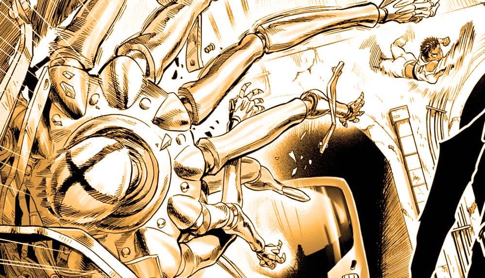 Pertarungan intens antara Suiko dan Mirror dari manga One Punch Man, memperlihatkan Mirror terpental setelah menerima serangan kuat.