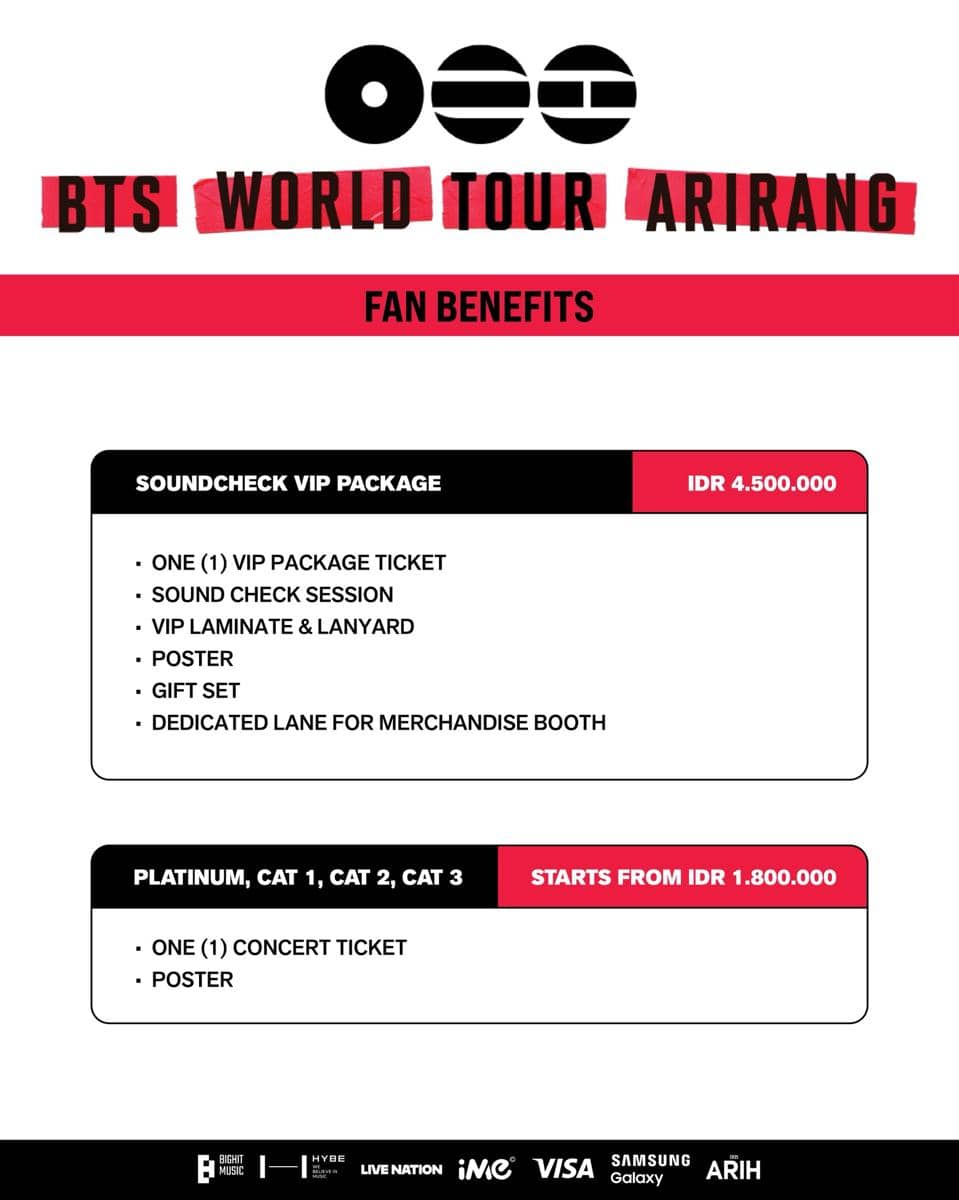 Poster konser BTS World Tour Arirang di Jakarta menampilkan rincian paket tiket VIP dan kategori lainnya beserta harga dan manfaat bagi penggemar.