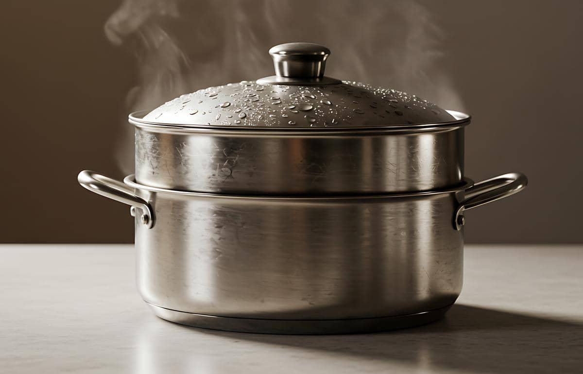 Panci kukus stainless steel dengan tutup berembun dan uap panas keluar di atas meja dapur berwarna terang.
