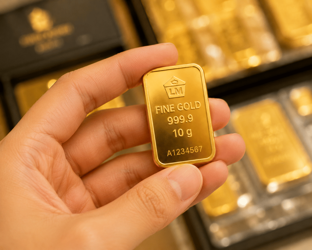 Emas batangan 10 gram kadar 999,9 atau 24 karat, bentuk emas investasi yang harganya murni mengikuti harga pasar dunia, berbeda dengan emas perhiasan yang ada biaya pembuatannya.
