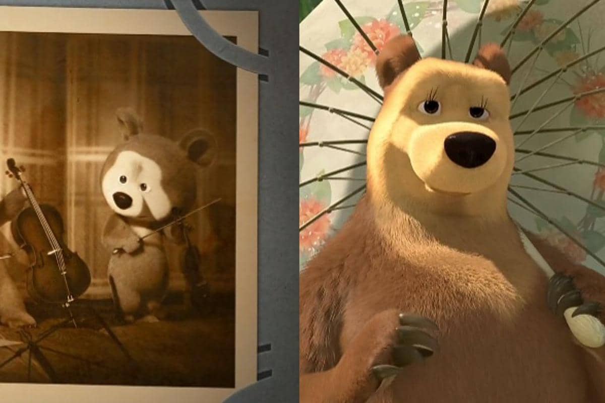 potret masa kecil dan dewasa karakter Lady Bear dalam Masha and the Bear