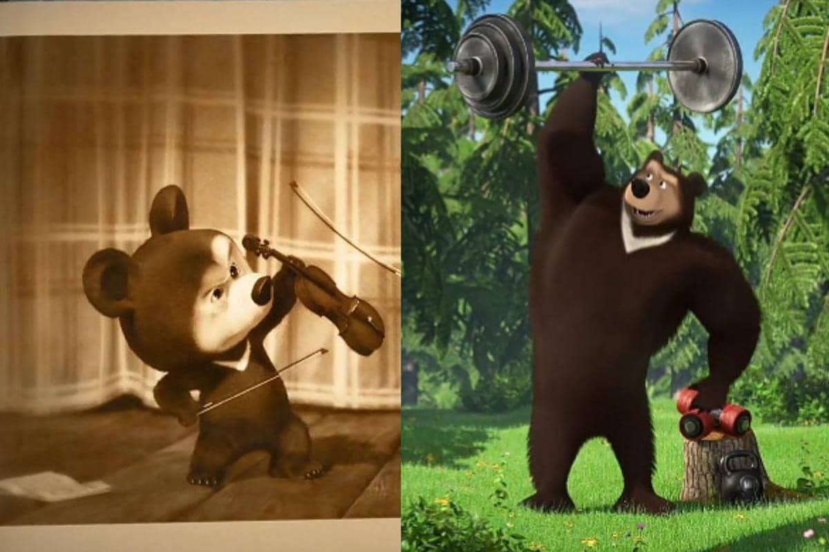 potret masa kecil dan dewasa karakter Rival Bear dalam Masha and the Bear