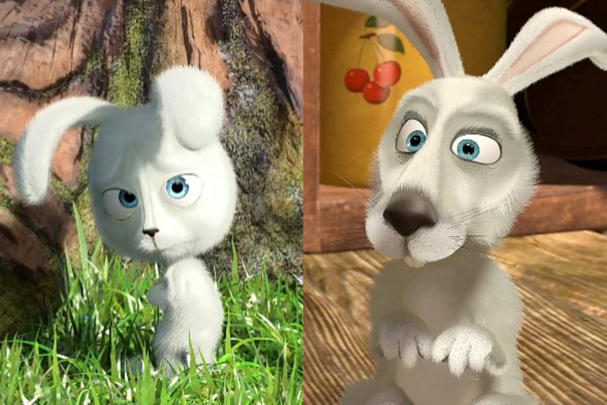potret masa kecil dan dewasa karakter Hare dalam Masha and the Bear