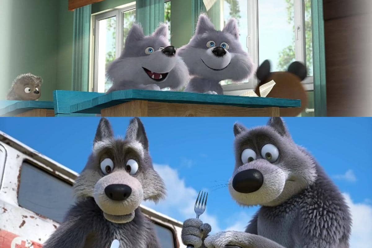 potret masa kecil dan dewasa karakter Sly dan Silly Wolf dalam Masha and the Bear