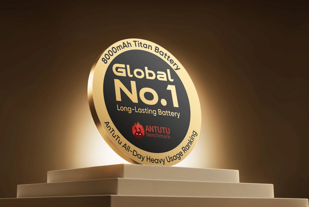 Tampilan trofi penghargaan Global No.1 Long-Lasting Battery dari AnTuTu untuk realme C100 dengan baterai 8000mAh Titan.
