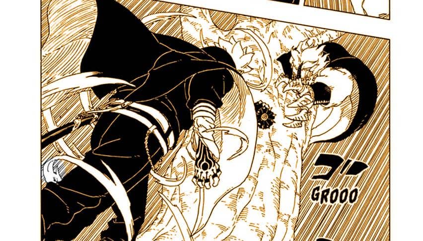 Pertarungan intens antara Code dan Boruto dalam panel manga berwarna cokelat keemasan dengan efek gerakan dinamis.