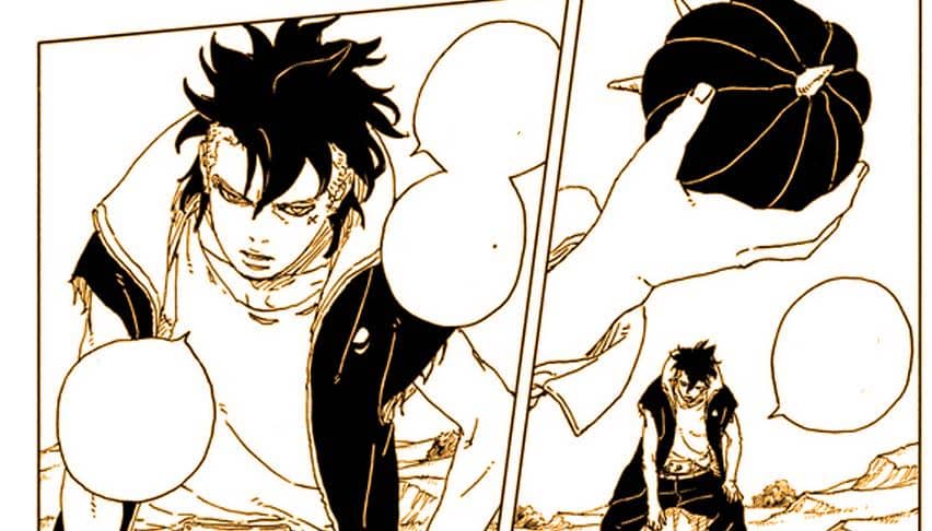 Boruto berbicara dengan Kawaki sambil memegang Togedama dalam adegan manga berwarna sepia dari seri Boruto.