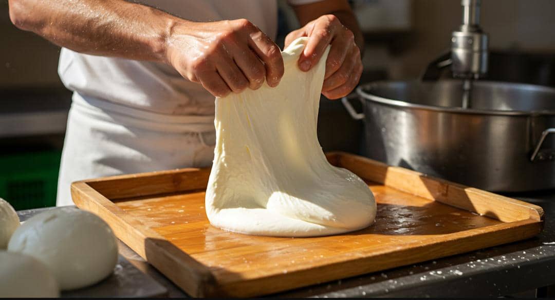 Seorang pembuat roti menarik adonan elastis di atas papan kayu untuk menguji kekenyalan gluten dalam proses pembuatan roti.
