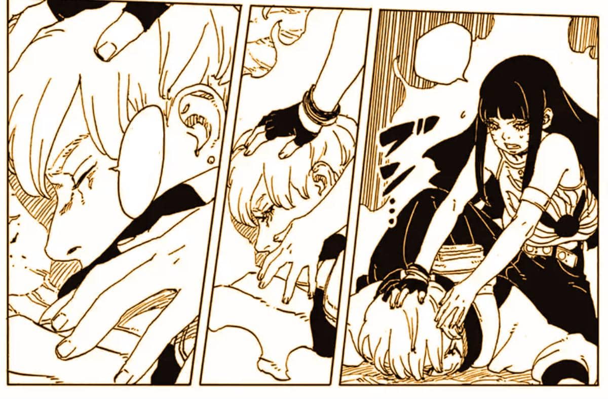 Himawari menggunakan kemampuan penyembuhan untuk mengobati mata Inojin yang terluka dalam adegan manga Boruto.