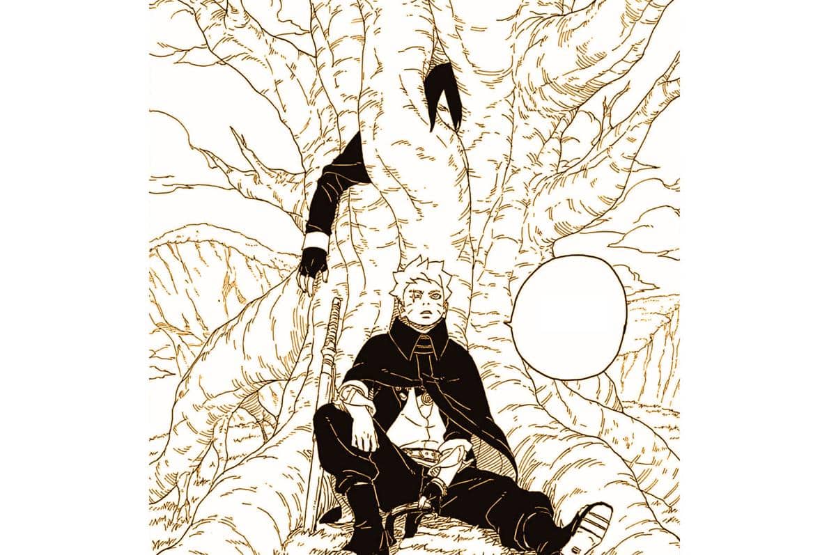 Boruto duduk bersandar di bawah pohon besar dengan ekspresi serius, sementara tangan Sasuke tampak terperangkap di batang pohon.