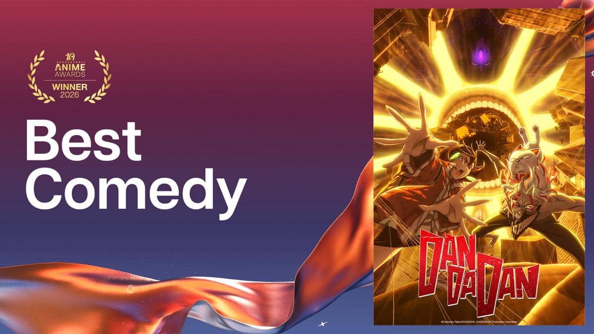 Poster anime Dan Da Dan dengan latar cahaya kuning terang diumumkan sebagai pemenang kategori Best Comedy di Crunchyroll Anime Awards 2026.