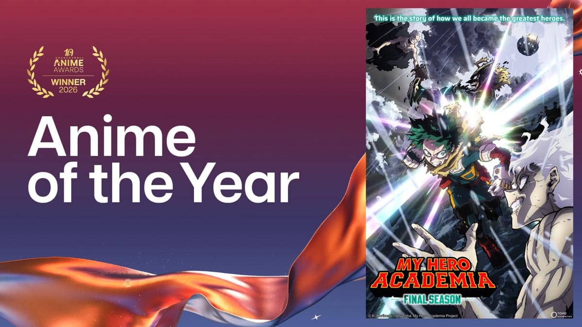 Poster My Hero Academia Final Season dengan teks Anime of the Year dan logo penghargaan Crunchyroll Anime Awards 2026.