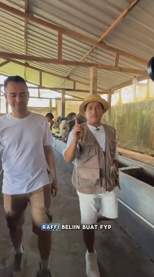 Dua pria berjalan di kandang sapi dengan atap seng, salah satunya mengenakan topi jerami dan rompi krem, sementara yang lain memakai kaus putih.