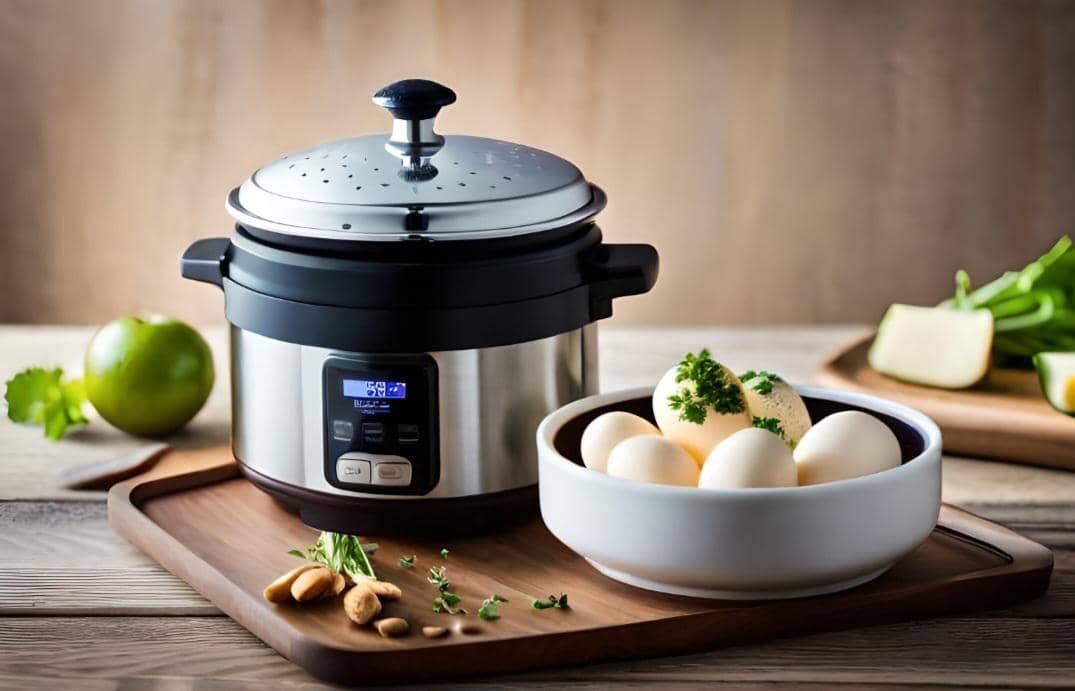 Magic com stainless steel dengan layar digital di meja kayu, di samping mangkuk berisi telur rebus dan bumbu segar.