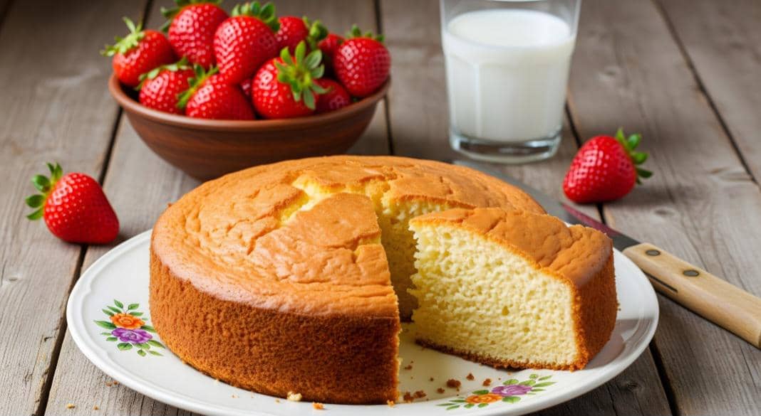 Kue bolu berwarna keemasan di atas piring dengan satu potongan diambil, disajikan bersama stroberi segar dan segelas susu di meja kayu.
