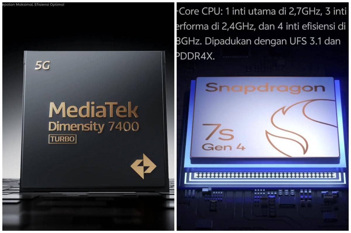 ilustrasi CPU MediaTek Dimensity 7400 Turbo (kiri) dan Qualcomm Snapdragon 7s Gen 4 (kanan)