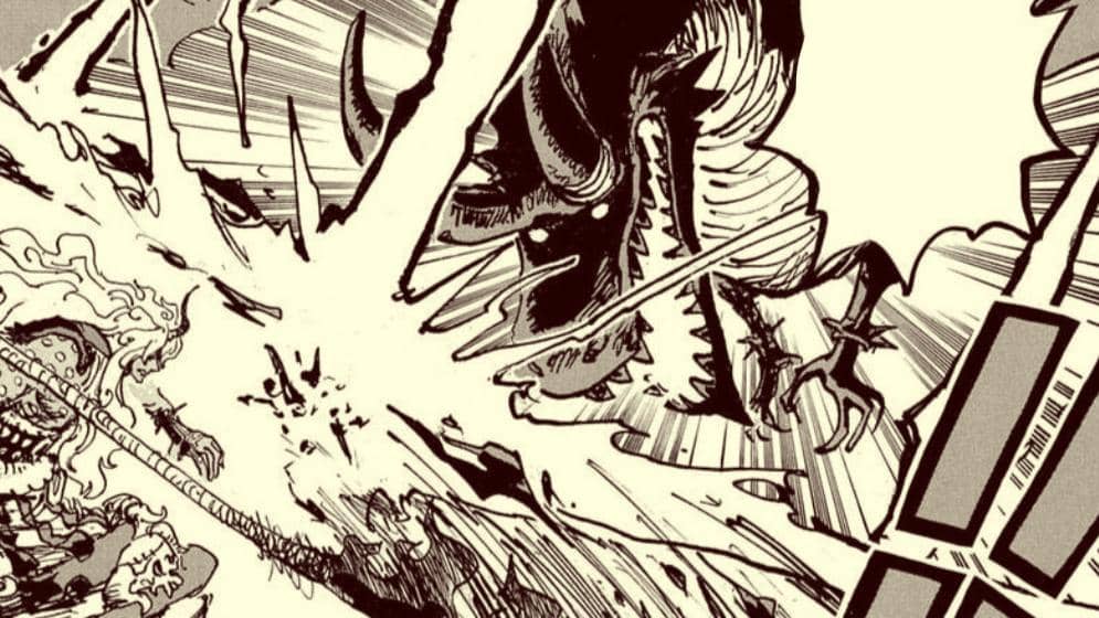 Pertarungan intens antara Nerona Imu dan Loki dalam panel manga One Piece dengan ledakan energi besar di tengah bentrokan.