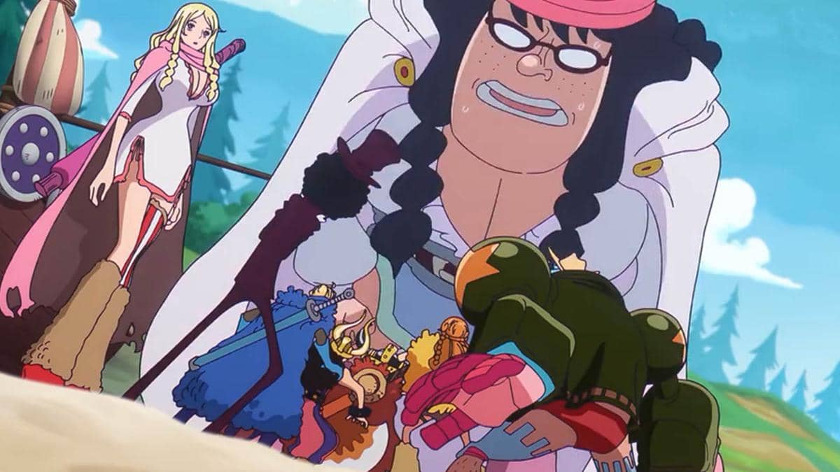 Seorang raksasa perempuan berambut hitam dengan kacamata berbicara kepada sekelompok karakter kecil di depannya di dunia animasi One Piece.