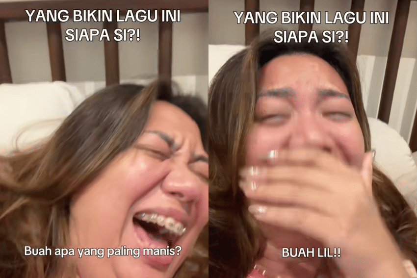 Seorang perempuan tertawa terbahak-bahak di tempat tidur sambil menutup mulutnya, dengan teks lucu bertuliskan 'YANG BIKIN LAGU INI SIAPA SI?!' di layar.