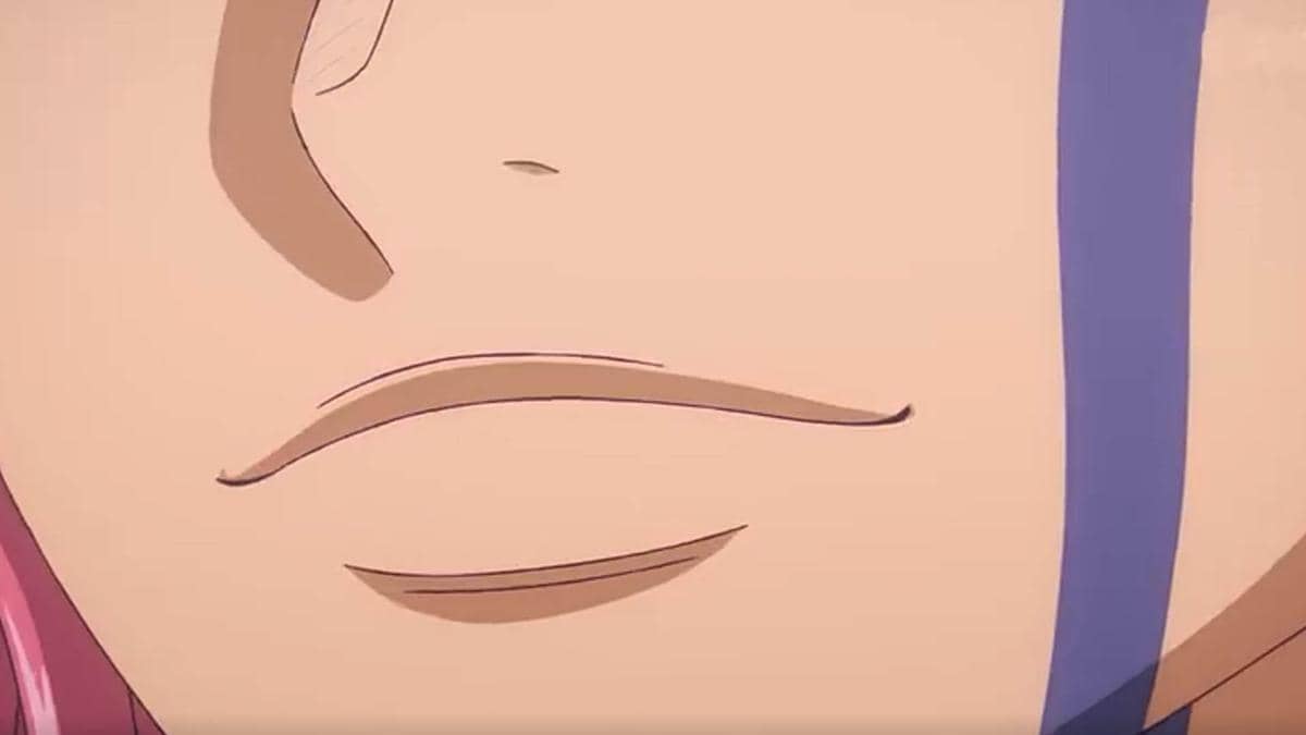 Tampilan close-up wajah karakter Ripley dari anime One Piece dengan ekspresi tersenyum halus dan rambut berwarna ungu muda.