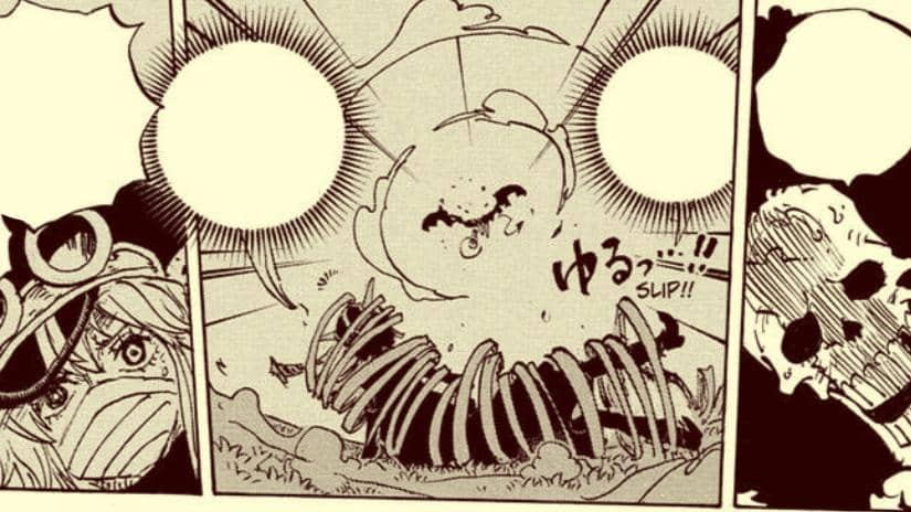 Panel manga menampilkan karakter Brook yang tampak kebingungan melihat sesuatu yang muncul dari tanah di depan karakter lain.