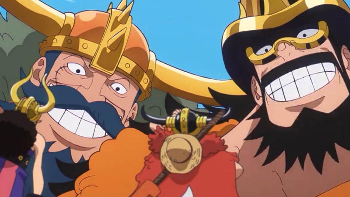 Luffy bertemu dengan Hajrudin dan Stansen yang tersenyum lebar mengenakan helm besar berwarna emas dalam adegan anime One Piece.