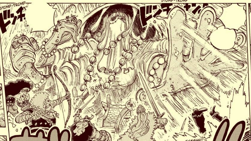 Ilustrasi adegan manga menampilkan sosok besar menyerupai dewa hujan dengan jubah dan manik-manik besar, dikelilingi oleh karakter yang bersiap bertarung.