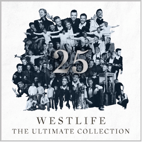Kolase foto hitam putih anggota grup musik Westlife dengan angka 25 besar di tengah dan teks Westlife The Ultimate Collection di bawahnya.