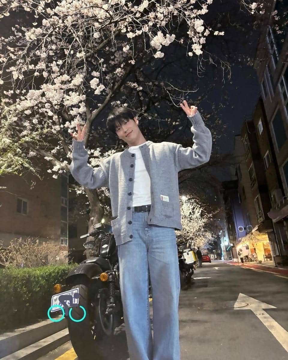 Seorang pria berpose dengan gaya santai di bawah pohon sakura bermekaran pada malam hari, mengenakan cardigan abu-abu dan celana jeans longgar.