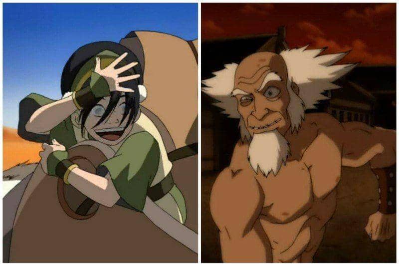 Toph dan Bumi dari serial animasi Avatar: The Last Airbender, masing-masing tampil dalam adegan aksi dengan latar berbeda.