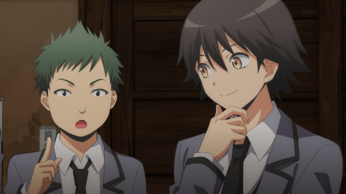 Dua siswa berseragam sekolah sedang berbicara di dalam ruangan kayu dalam adegan anime Assassination Classroom: Our Time.