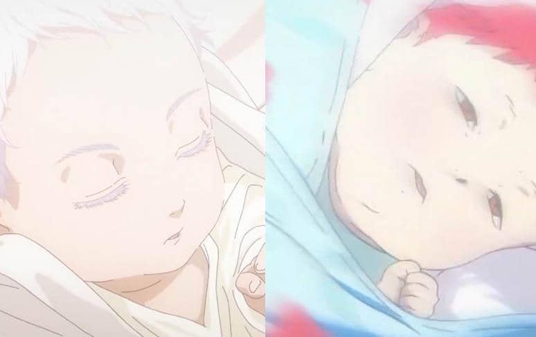 Dua bayi karakter anime dari serial Jujutsu Kaisen, masing-masing dibedung dengan kain putih dan biru, sedang tertidur dengan tenang.