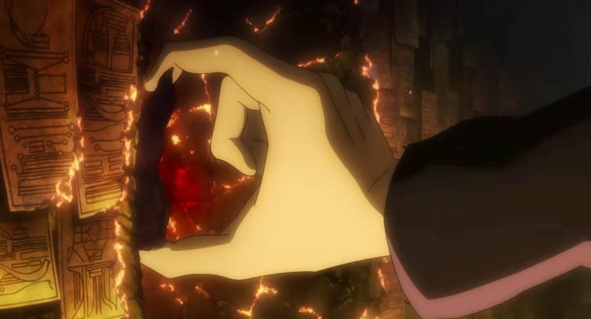 Tangan karakter anime memungut benda merah bercahaya di dinding dengan simbol kuno yang retak dan menyala api.