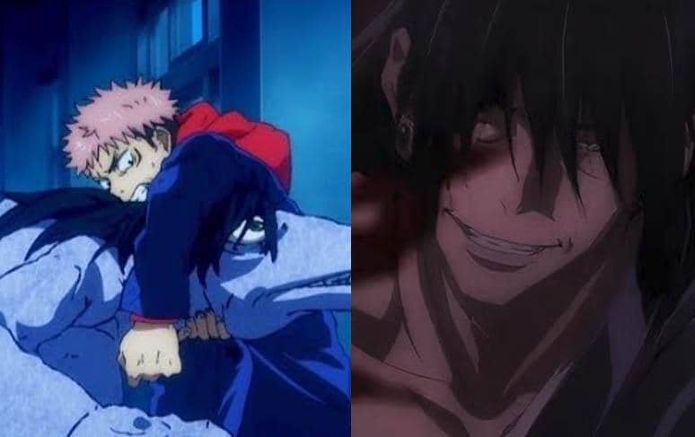 Adegan anime Jujutsu Kaisen menampilkan pertarungan intens antara karakter berambut merah muda dan makhluk besar, serta sosok pria berambut hitam tersenyum gelap.