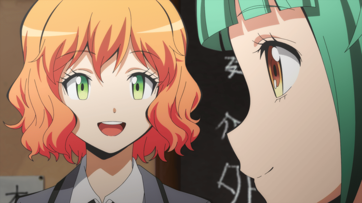 Dua karakter anime dari Assassination Classroom: Our Time sedang berbicara di dalam kelas dengan ekspresi ramah dan ceria.