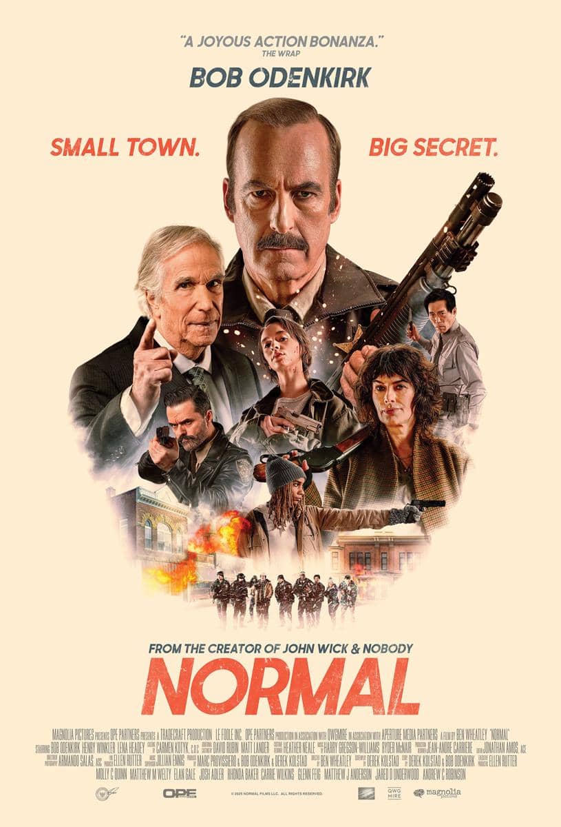 Poster film berjudul Normal menampilkan beberapa karakter bersenjata dengan latar ledakan dan suasana kota kecil yang tegang.