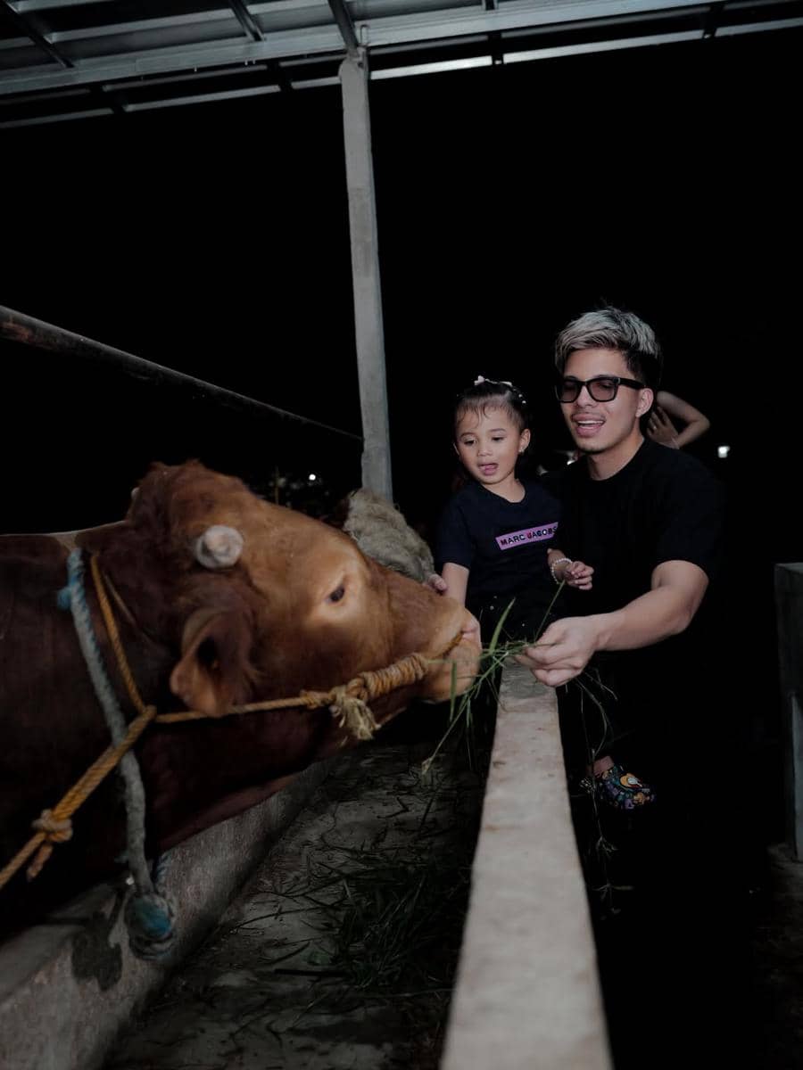 Seorang pria dan anak kecil memberi makan seekor sapi di kandang pada malam hari di bawah atap terbuka.