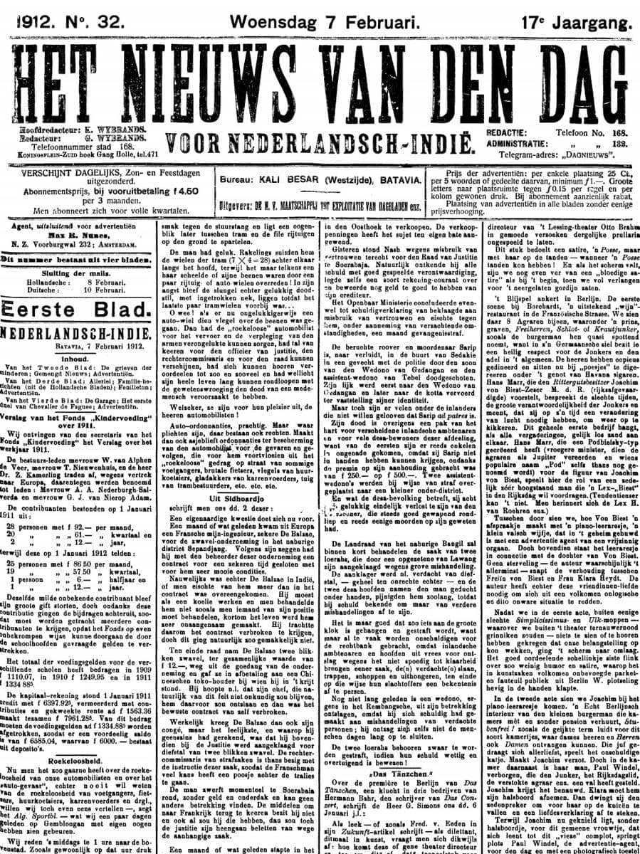 Berita Kematian Sarip. Doc. Het Nieuws Van Dag Voor Nederlandsc-Indie, 7 Februari 1912
