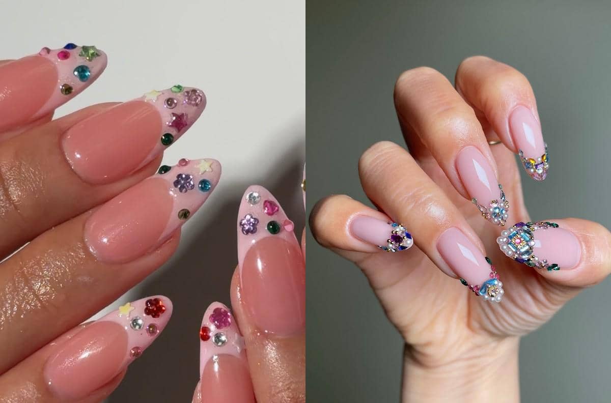 10 Inspirasi Nail Art French Tip dengan Hiasan Rhinestone, Gemerlap!