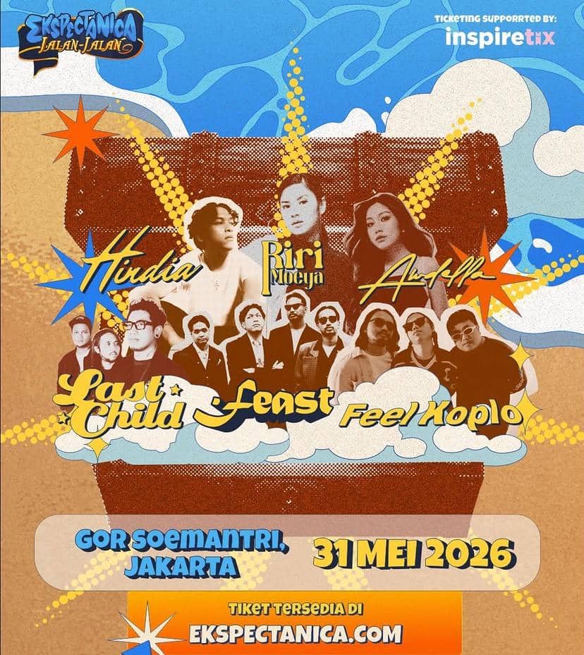 Poster festival musik Ekspektanica menampilkan daftar pengisi acara seperti Hindia, Riri Moeya, Arash Buana, Last Child, Feast, dan Feel Koplo di GOR Soemantri Jakarta pada 31 Mei 2026.
