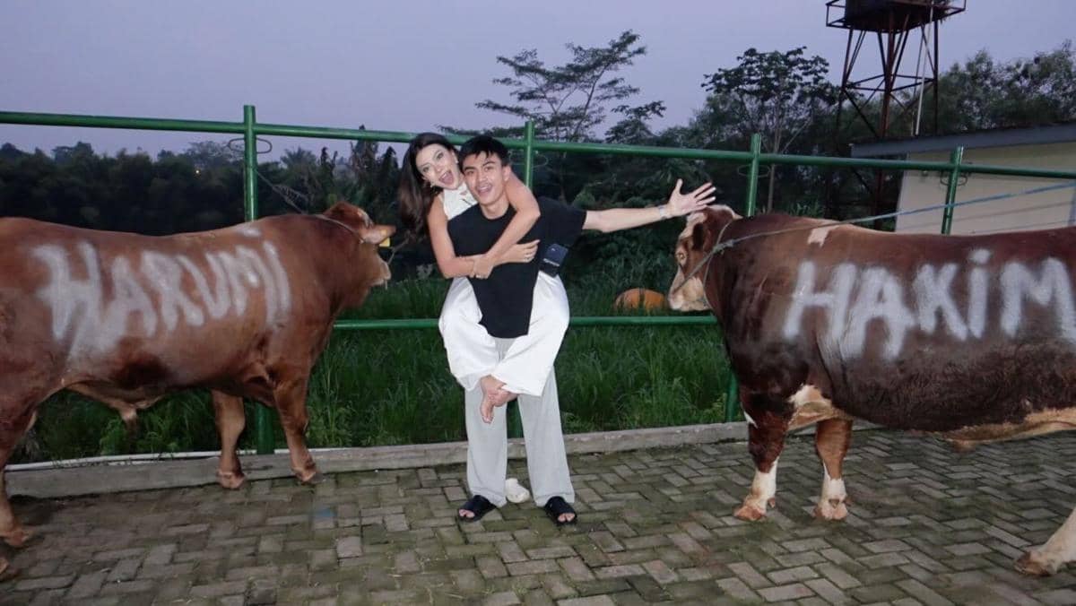 Sepasang anak muda berpose ceria di antara dua sapi kurban bertuliskan nama Harumi dan Hakim di area berpagar hijau.