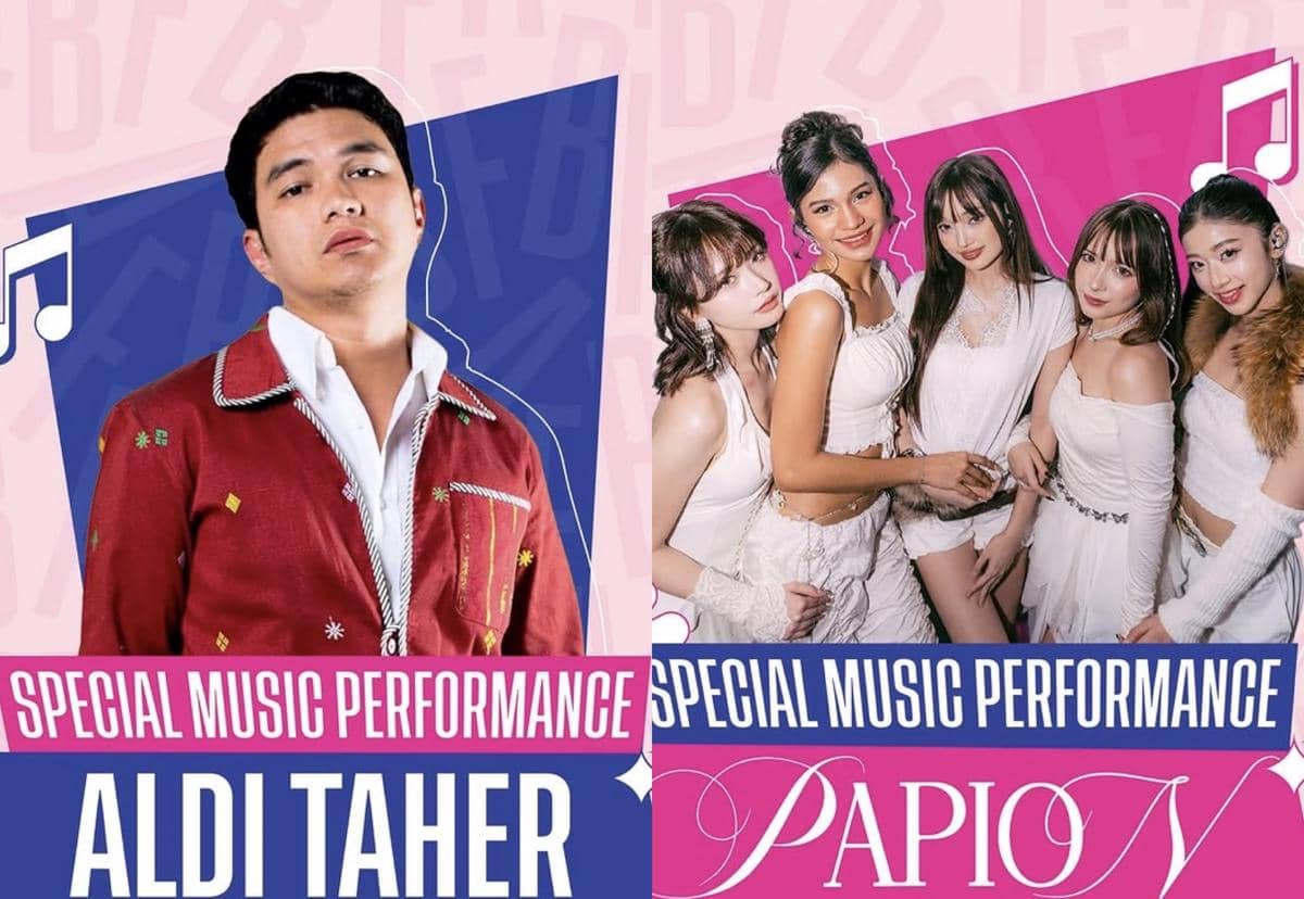Poster penampilan musik spesial di BeautyFest Asia 2026 menampilkan seorang pria berjaket merah dan grup wanita berpakaian putih.